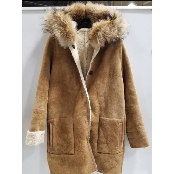 Yves Salomon Leather Sherpa Fur Long Coat Size 36 French 4 US EUC - Picture 1 of 5